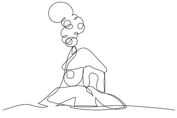 Hagrid's house with a chimney, a small house on a rock, clouds of smoke. One line style, continuous line. School of witchcraft and wizardry, potter. Rural building, village. 