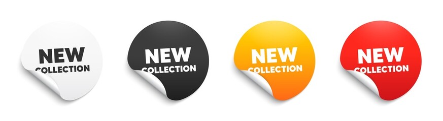 New collection text. Round sticker badge with offer. New fashion arrival sign. Advertising offer symbol. Paper label banner. New collection adhesive tag. Vector