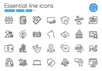 Cooking timer, Wallet and Certificate line icons. Collection of Dumbbell, Accounting, Eye checklist icons. Rejected payment, Teamwork question, Laptop web elements. Arena stadium. Vector