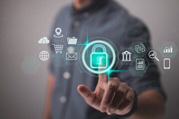 Concepts of cybersecurity and privacy to safeguard data. The lock symbol and internet security technologies. A businessman using virtual screen interfaces to safeguard his personal data.