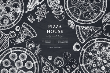 Pizza hand drawn illustration design. Background with chalk greek, margherita, pepperoni, veggie, ham and mushrooms and seafood pizzas.