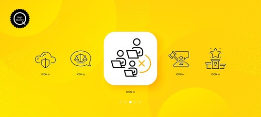 Winner podium, Remove team and Justice scales minimal line icons. Yellow abstract background. Judge hammer, Cloud protection icons. For web, application, printing. Vector