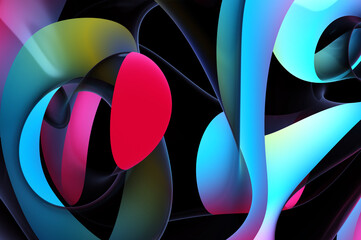 3d render of abstract art with part of surreal flower in curve wavy round and spherical lines forms in transparent plastic material with glowing blue neon color lines or stripes on black background