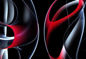 3d render of abstract art surreal 3d background in curve wavy elegance organic biological glowing lines forms in transparent plastic material in white and red gradient color on black