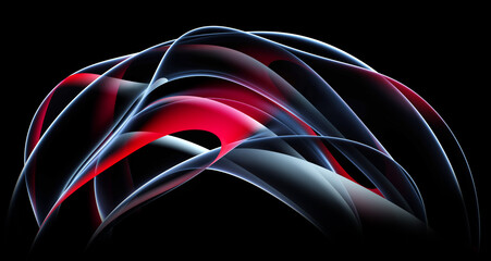 3d render of abstract art with part of surreal alien flower ball in curve wavy organic spherical biological lines forms in transparent glowing material in red purple white gradient color on black