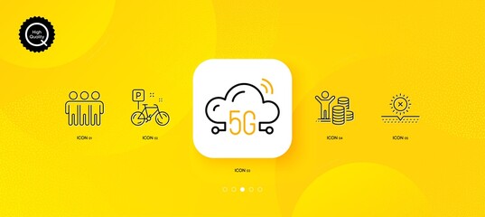 Friendship, Bike and Budget profit minimal line icons. Yellow abstract background. No sun, 5g cloud icons. For web, application, printing. Trust friends, Mountain bicycle, Trader. Uv protect. Vector - obrazy, fototapety, plakaty