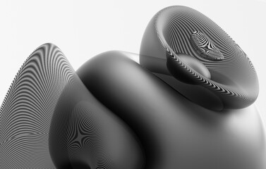 3d render of abstract art with part of surreal 3d organic alien ball or liquid substance in curve wavy smooth and soft bio forms in matte rubber material with striped parts on white background