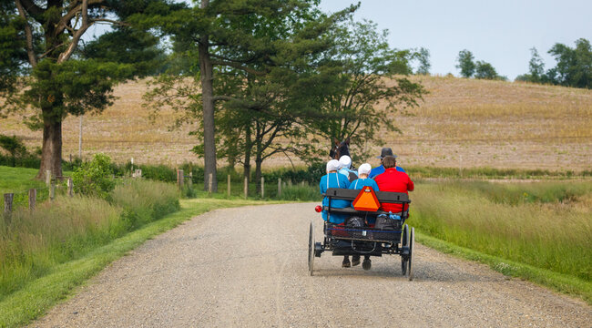 Amish family traveling on a back road in their buggy in Holmes County, Ohio