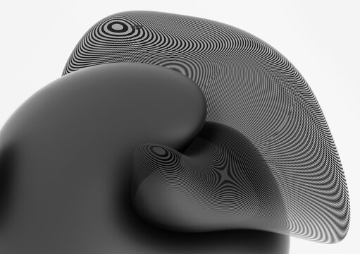 3d render of abstract art with part of surreal 3d organic alien ball or liquid substance in curve wavy smooth and soft bio forms in matte rubber material with striped parts on white background