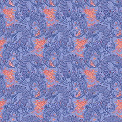 Mythological magic beast Basilisk, legendary bizarre creature. Seamless pattern design in medieval style. Dragon, burning flame. Repetition background. Wrapping paper, wallpapers. Vector illustration. - obrazy, fototapety, plakaty