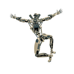 super robot is giving a happy jump rear jump