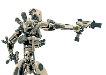 Fototapeta premium super robot is holding two pistols rear view