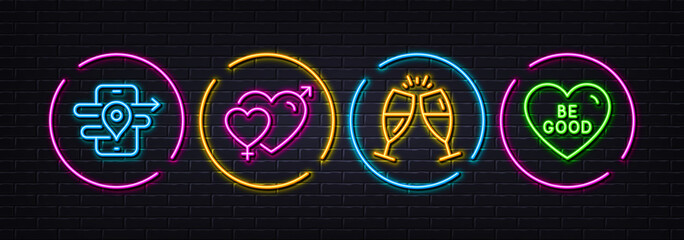 Male female, Gps and Champagne glasses minimal line icons. Neon laser 3d lights. Be good icons. For web, application, printing. Love heart, Phone map, Chin-chin. Love sweetheart. Vector