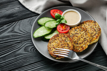 quinoa cutlet with vegetables on a black wooden rustic background