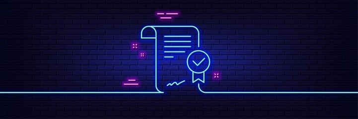 Neon light glow effect. Approved agreement line icon. Verified document sign. Accepted or confirmed symbol. 3d line neon glow icon. Brick wall banner. Approved agreement outline. Vector