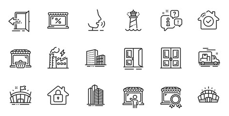 Outline set of Best market, Electricity factory and Buildings line icons for web application. Talk, information, delivery truck outline icon. Vector