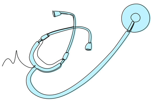 Stethoscope, medical tube for listening to the heart and lungs, equipment for therapists, disease prevention. Color image on a white background, one line, isolated. For posters on the topic of health.