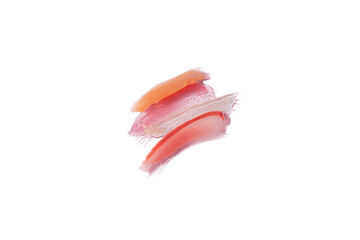 Shiny lip gloss smear sample on a white background with copy space. Beauty cosmetic product swatch stroke close up. Trandy creative texture background.