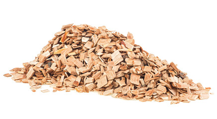 Pile of wood shavings isolated on a white background. Wooden smoking chips.