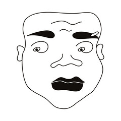 Head of a man with a wide face, ethnic portrait of an African in black and white colors. Stock vector image on white background, doodle style, one line. Isolated.