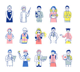 さまざまな職業の人々　男女15人上半身　セット