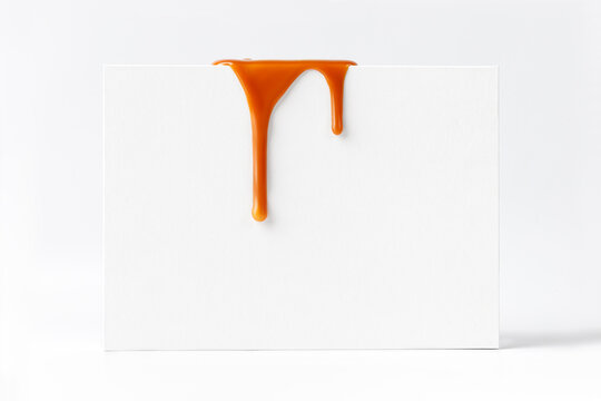 Dripping caramel drops of sweet caramel sauce on white podium on white background.  Melted caramel sauce drip, drops of sweet liquid toffee.