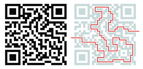Fototapeta na wymiar Labyrinth in form of QR barcode with solution. Different maze game for business concept. Labyrinth vector illustration.