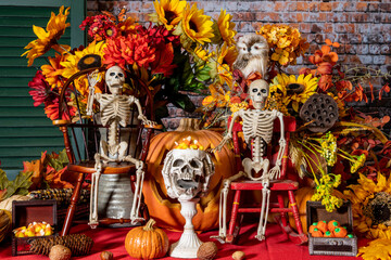 Halloween still life of two skeletons sitting next to jack-o-lantern eating candy corn surrounded by fall foliage
