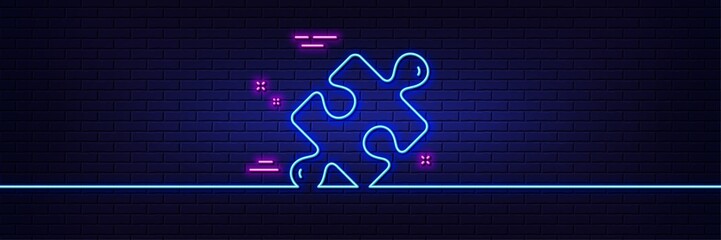 Neon light glow effect. Puzzle line icon. Jigsaw piece sign. Business challenge symbol. 3d line neon glow icon. Brick wall banner. Puzzle outline. Vector