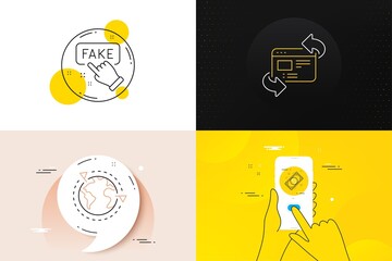 Minimal set of Bitcoin, Outsourcing and Fake information line icons. Phone screen, Quote banners. Refresh website icons. For web development. Cryptocurrency coin, Around the world, False truth. Vector