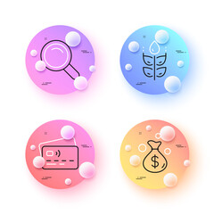 Card, Money bag and Search minimal line icons. 3d spheres or balls buttons. Gluten free icons. For web, application, printing. Bank payment, Investment, Magnifying glass. Bio ingredients. Vector