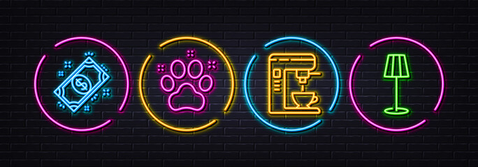 Coffee maker, Pet friendly and Payment minimal line icons. Neon laser 3d lights. Floor lamp icons. For web, application, printing. Tea machine, Dog paw, Finance. Stand lamp. Vector