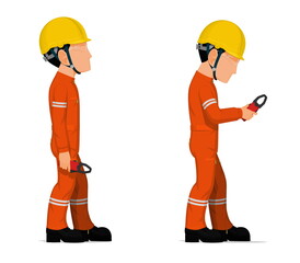 Industrial workers with clamp meter on white background