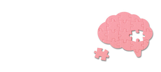 Brain shaped jigsaw puzzle on white background, a missing piece of the brain puzzle, mental health and problems with memory