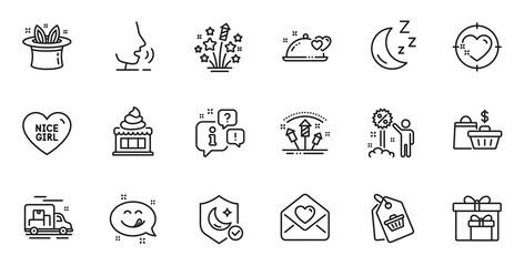 Outline set of Yummy smile, Discount and Ice cream line icons for web application. Talk, information, delivery truck outline icon. Include Sale bags, Fireworks stars, Nice girl icons. Vector