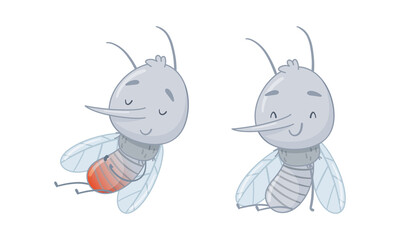Cute mosquito set. Funny well fed parasitic insect characters cartoon vector illustration