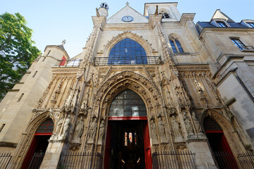 Exterior view of the Saint Merry Catholic church . It is located in the heart of the historic Marais district of Paris.