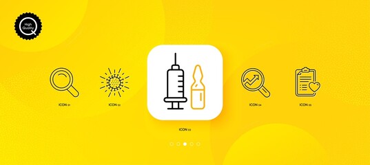 Fototapeta na wymiar Search, Analytics and Medical vaccination minimal line icons. Yellow abstract background. Coronavirus, Patient history icons. For web, application, printing. Vector