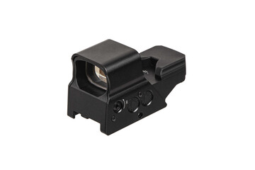 Modern optical collimator sight. Aiming device for shooting at short distances. Red dot sight isolate on white back.