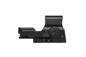 Modern optical collimator sight. Aiming device for shooting at short distances. Red dot sight isolate on white back.