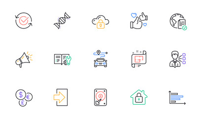 Money currency, Chemistry dna and Like line icons for website, printing. Collection of Engineering documentation, Approved, Megaphone icons. Horizontal chart, Online voting. Vector