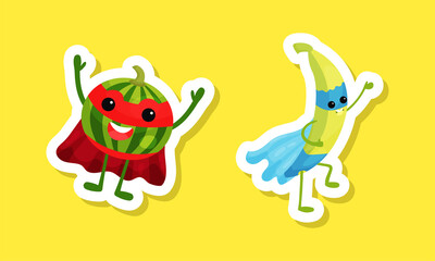 Funny fruit superhero stickers set. Funny banana and watermelon characters wearing mask and cloak cartoon vector illustration