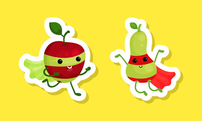 Funny fruit superhero stickers set. Funny apple and pear characters in mask and cloak cartoon vector illustration