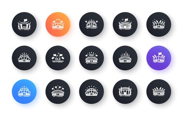Sports stadium icons. Ole chant, arena football, championship architecture. Arena stadium, sports competition, event flag icons. Sport complex Classic set. Circle web buttons. Vector