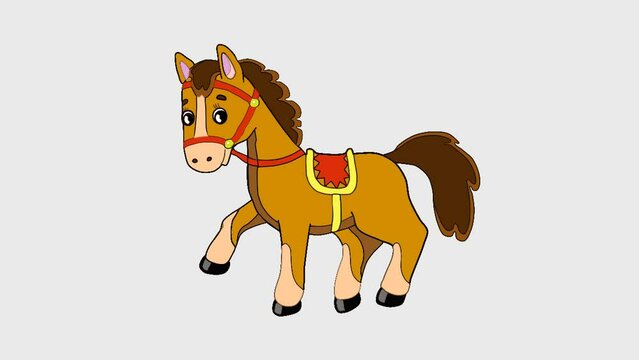 Brown horse cartoon character moves its head, tail and legs. Animation Video Motion Graphics no background