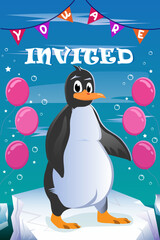 Penguin Invitation for happy birthday, celebrating hollidays with ballons on ice land