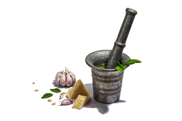 Preparation process Italian basil pesto in a vintage mortar with a pestle isolated on white background