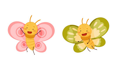 Set of cute butterflies with pink and green wings. Cute smiling insects with funny faces cartoon vector illustration