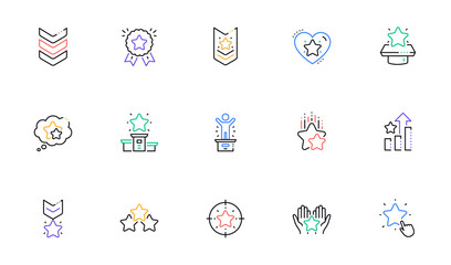 Ranking line icons. First place, star rating and winner medal. Shoulder strap, army achievement and star ranking icons. Linear set. Bicolor outline web elements. Vector