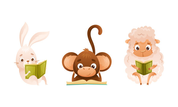 Cute baby animals reading books set. Rabbit, monkey, sheep sitting with book cartoon vector illustration
